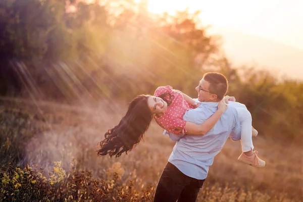 Outdoor Portrait Young Couple Boyfriend Lifts His Girlfriend Air Afternoon — Stock Photo, Image