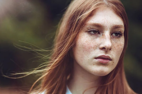 Close Portrait Young Teen Freckled Ginger Girl — Stock Photo, Image