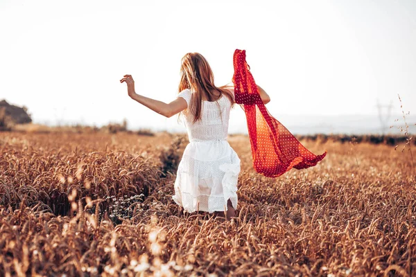 Vue Dos Jeune Fille Rousse Robe Blanche Courant Travers Champ — Photo