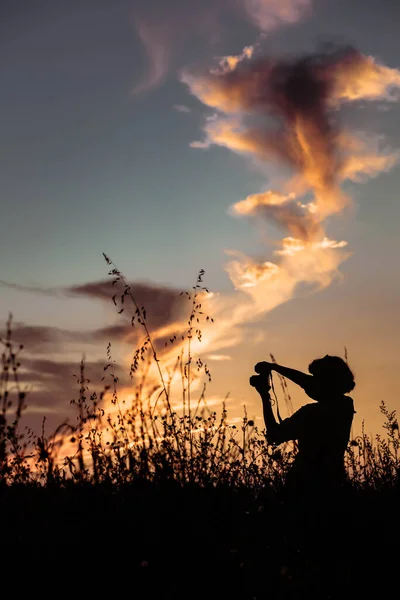 Silhouette Einer Fotografin Die Den Sonnenuntergang Weizenfeld Fotografiert — Stockfoto