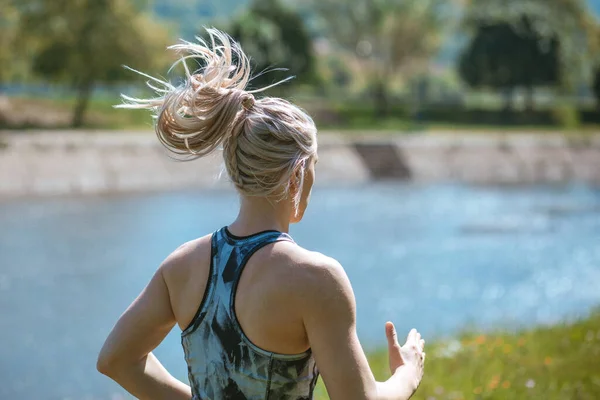Back View Photo Young Blonde Girl Running Nature River — Stock Photo, Image