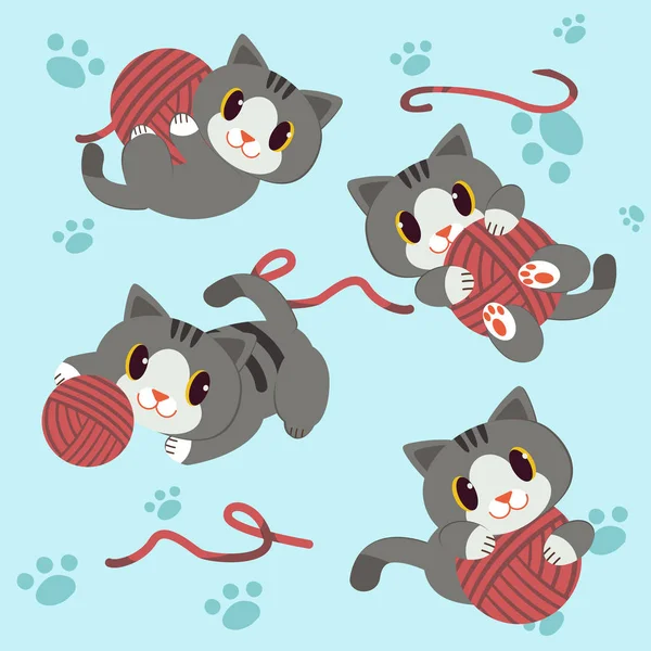 Little Cat Play Yarn Footstep Background — Stock Vector