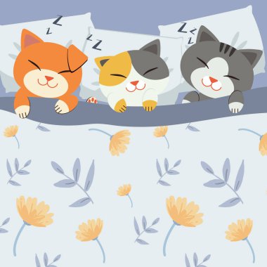 Yatakta uyuyan kedi sevimli karakter çizgi film grubu. Yatak çiçek deseni. metin Z.Relax kedi ile uyuyan kedi. İyi geceler. İyi bir rüya hayal et. Kedi gülümsüyor. sevimli düz vektör tarzı