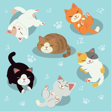 Uykulu sevimli kedi bir grup. mavi arka planda rahatlatıcı kedi. Rahatlama zamanı. kedi uyku gerekir. FreeTime mutlu kedi sevimli bir karakter. ayak adım arka plan deseni. sevimli düz vektör tarzı.