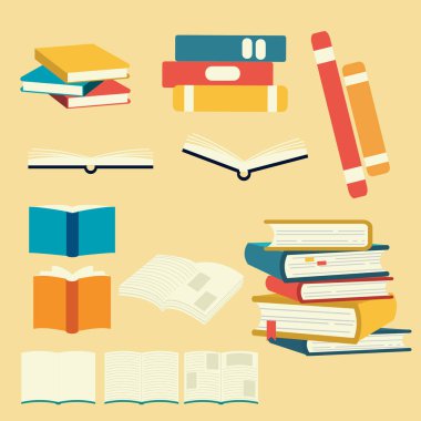 Vektör kitap kümesi koleksiyonu. kitap yığını. açık ve kitap kapatın. kendi kendime. kitap öğesi tarafından çalışma. kapak sayfası. Roman. düz tasarım. metin üzerinde paper.in kitaplık. sevimli düz vektör tarzı