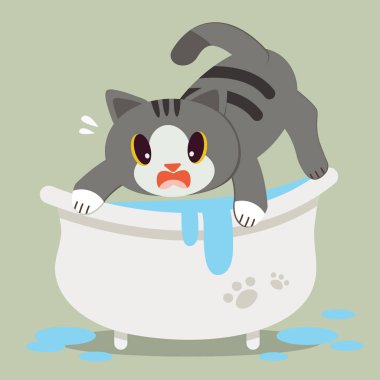 Sevimli karakter çizgi film kedi küvette korkuyor. Sevimli bir kedi banyo yapamaz. Bir kedi sudan korkar. Kedi için sağlık hizmeti. Düz vektör tarzısevimli kedi yavrusu. 