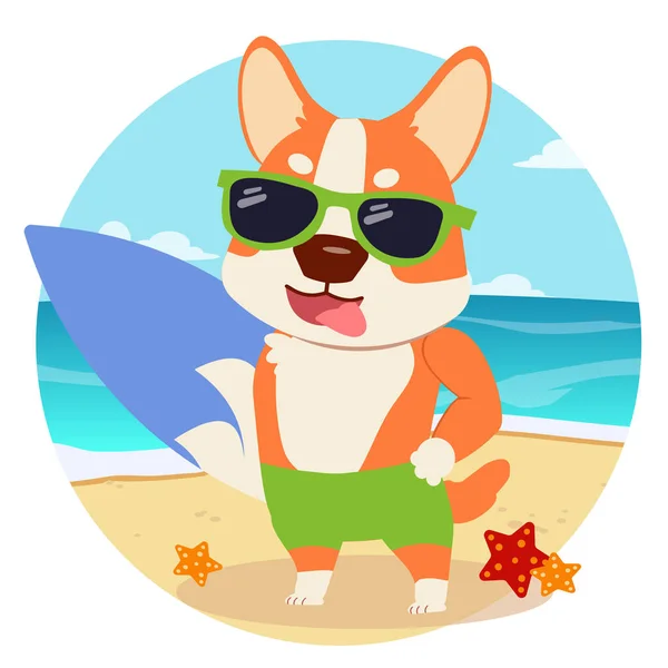 Cartoon Glücklicher Corgi Mit Einem Surfbrett Niedlich Fröhlicher Corgi Mit — Stockvektor