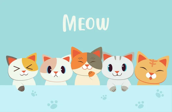 Mignon Personnage Dessin Animé Chaton Avec Meow Texte — Image vectorielle