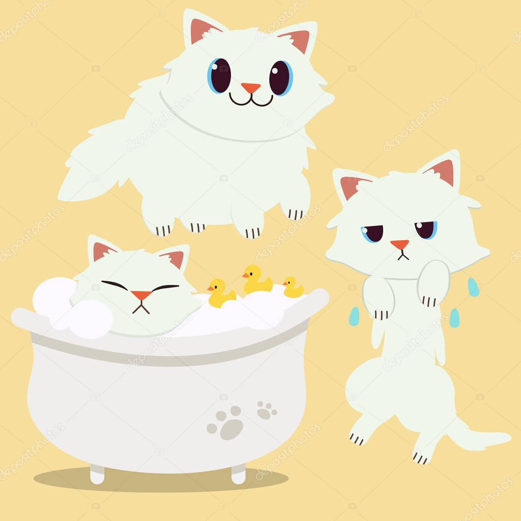 A Cute  character cartoon cat lying in the bathtub.A Cat look relax in bathroom. A Cute cat taking a bath for clean themself. Healthcare for cat. Cute kitten in flat vector style.before and after bath