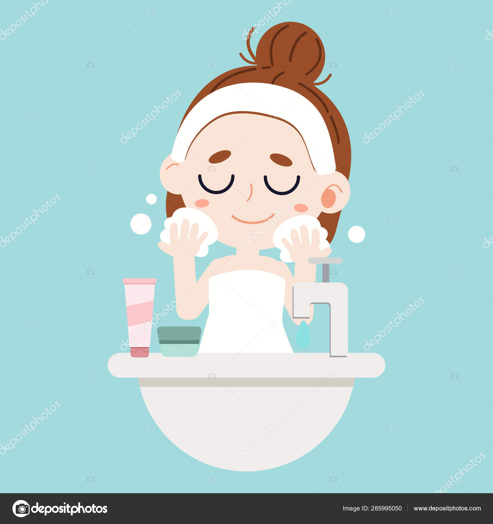 女の子の掃除と彼女の顔の世話 青い背景に顔をきれいにするかわいいキャラクター漫画の女の子の洗顔 子供の洗濯顔 スキンケア かわいいフラットベクトルスタイル ストックベクター C Guppictheduck