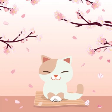 Hanami Festivali. Kiraz Çiçeği Festivali. Japonya 'da festival. Rahatlatıcı kedi. Kedi bir Sakura şube arka planda yerde oturuyor. Mutlu kedi gülümsüyor. sevimli düz vektör tarzı