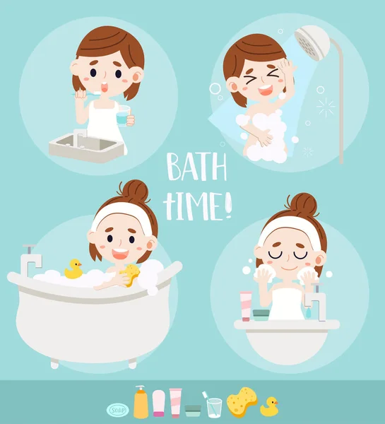 Zestaw Kąpieli Czas Cute Girl Szczotkowanie Zębów Girl Sprzątanie Pielęgnacja — Wektor stockowy