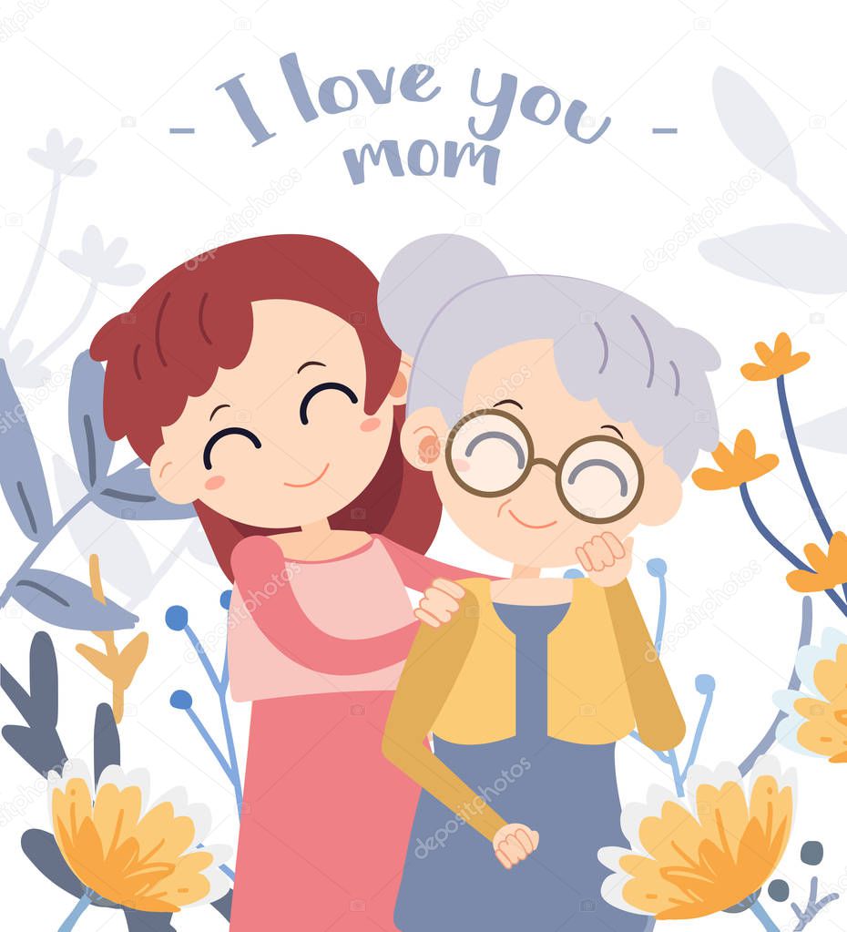 I love mom card. Happy mother's day . mother and baby on flower and heart background.Happy mother's day is holiday for celebrate about mother. cute cartoon flat vector style.