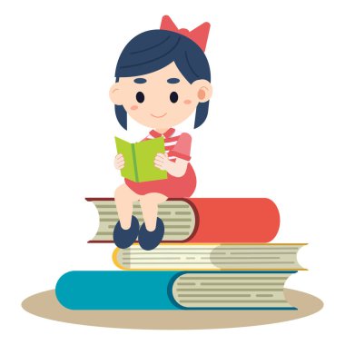 Kitabı okuyan bir çocuk. kitap yığınının üzerinde oturan çocuk. Okumayı seviyorum. Öğrenme için bir kitap okuyan kız Vektör kavramı illüstrasyon. sevimli karikatür düz vektör tarzı. - Vektör