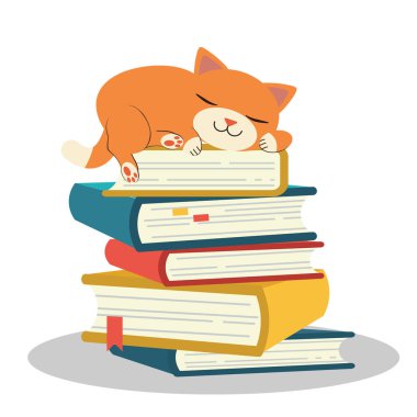 Kitap yığını üzerinde uyuyan kedi sevimli karakter. kedi uyuyor. kitap yığını . tembel kedi uyuyor. bir kitapta uyumak.kendi kendime çalışma.yorgun cat.so eğitimi - Vektör