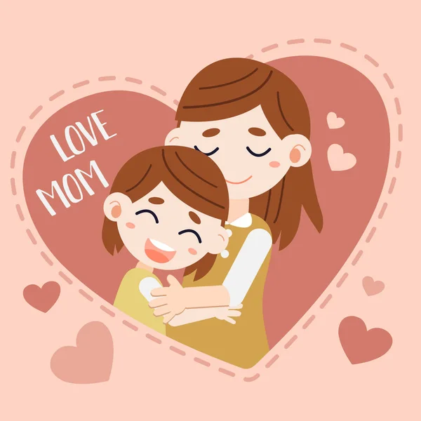 Mother\'s day.holiday.woman (mother) holding with her child.Mother and her Daughter. Happy mothers day card.heart in the pink background. cute flat vector style - Vector