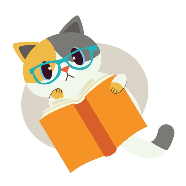 Cute character of cat with a book. cat wear  eyeglasses. Cat reading the book. The cat looks confused. study by my self. flat vector design.kawaii vector. reading book.