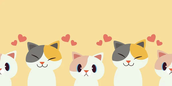 一群猫是无缝的图案 无缝模式可爱的猫设置 可爱的字符猫与心脏Patten 快乐的猫微笑 涂鸦卡通风格 可爱的平面矢量风格 — 图库矢量图片