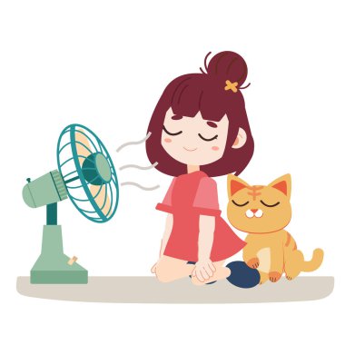 bir kız ve sevimli kedi sıcak hissediyorum. Yeşil bir fan kullanıyorlar. düz vektör tarzında bir kedi ve bir kız karakter karikatür 