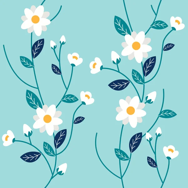 Mavi Arka Planda Bazı Beyaz Çiçek Yaprakların Dikişsiz Deseni — Stok Vektör