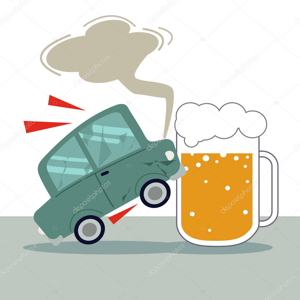 Illustation of An accident of car and beer in white background. The black or gray Smoke effluent from a green car. a green car collide with big cup of beer in flat vector style