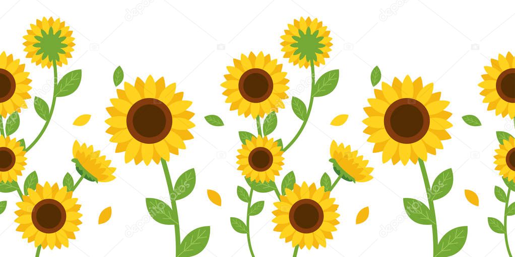 The Seamless pattern of sunflowers and leaves on background. The seamless pattern sunflower. Seamless pattern leaves. shape of leaves.sunflowers on white background. sunflower in flat vector style. 