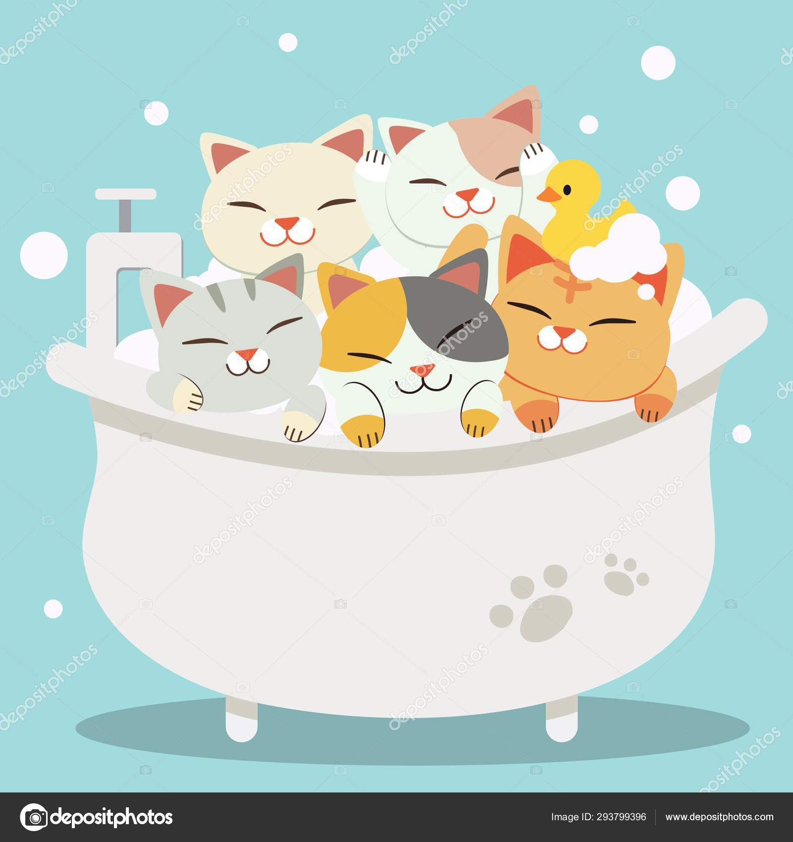 Group Cute Cartoon Cats Bathtub Simply Vector Illustration Stock