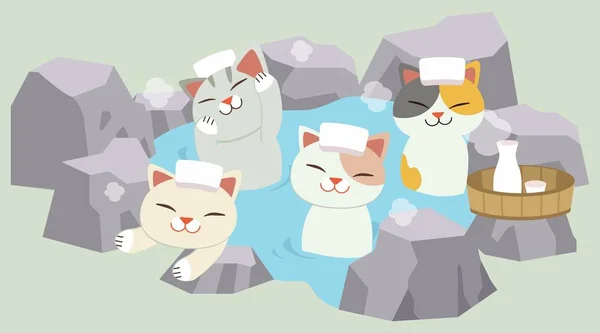 Gatos Onsen Simplesmente Ilustração Vetorial — Vetor de Stock