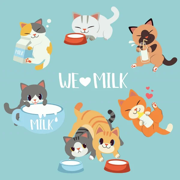 Chats Avec Lait Illustration Vectorielle Simple — Image vectorielle