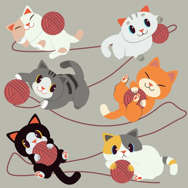 Grupo Lindos Gatos Jugando Con Hilo Rojo — Vector de stock