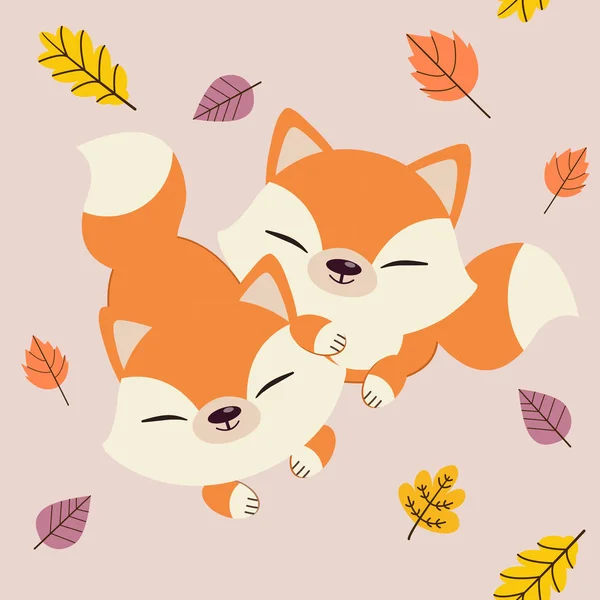 可爱的狐狸和秋叶 — 图库矢量图片