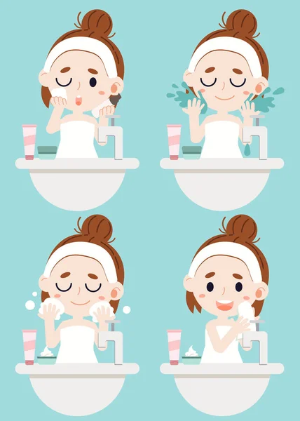 Mädchen Putzt Ihr Gesicht Vier Schritte — Stockvektor