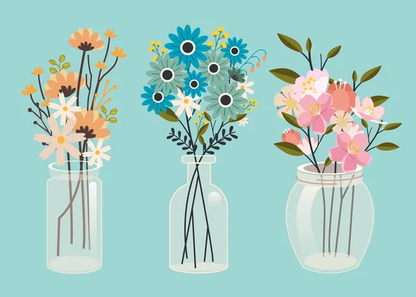 Set Bouquets Floral Dalam Vas Hanya Vektor Ilustrasi - Stok Vektor