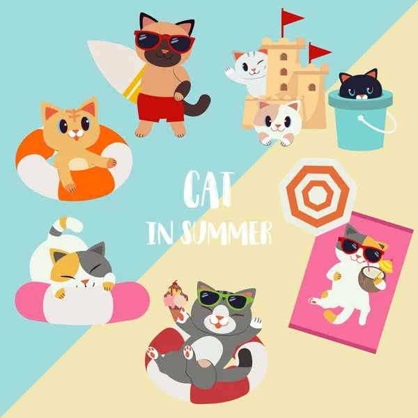 Ensemble Personnages Dessins Animés Chats Été Thème — Image vectorielle