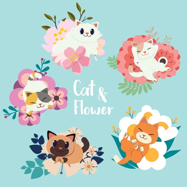 Σειρά Από Γάτες Λουλούδια Απλά Απεικόνιση Διάνυσμα — Διανυσματικό Αρχείο