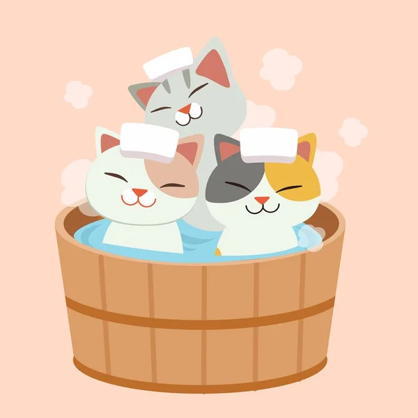 Il carattere del gatto carino prendere un bagno di primavera caldo giapponese . — Vettoriale Stock