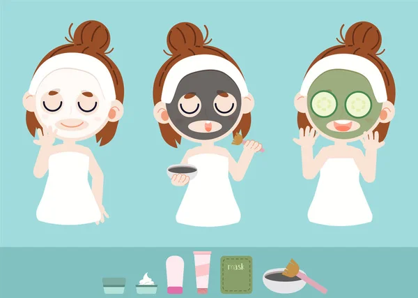 The girl takecare her face by facial mask. she use white mask and black mask and green mask — Stock Vector