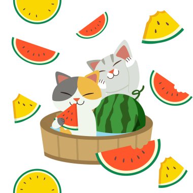 Sevimli kedi karakteri kırmızı bir karpuz yiyor ve varil oturan