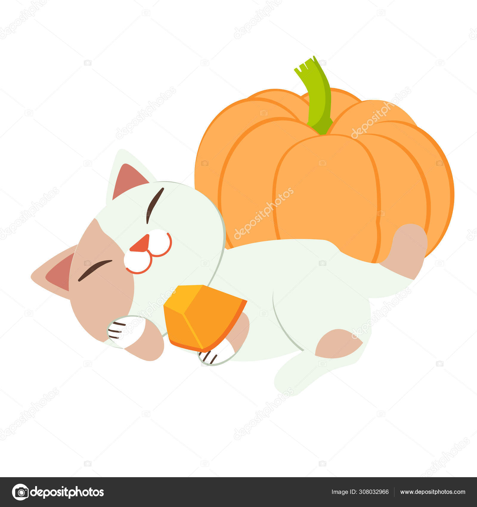 カボチャとかわいい猫 カボチャの前で眠るかわいい猫のキャラクター