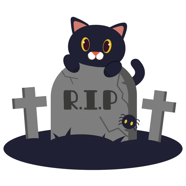 可爱的黑猫在墓碑上乱七八糟的性格。周围 — 图库矢量图片