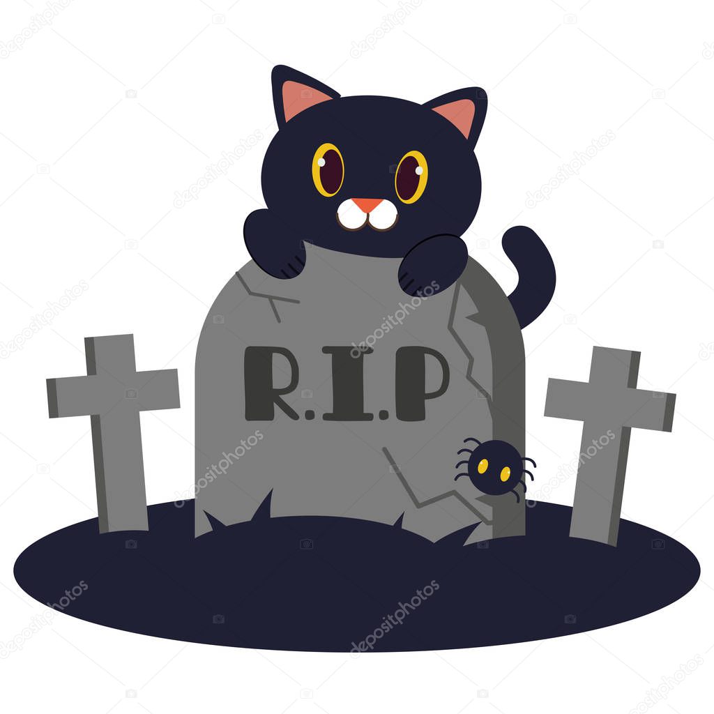 The character of cute black cat garps on the gravestone. around 