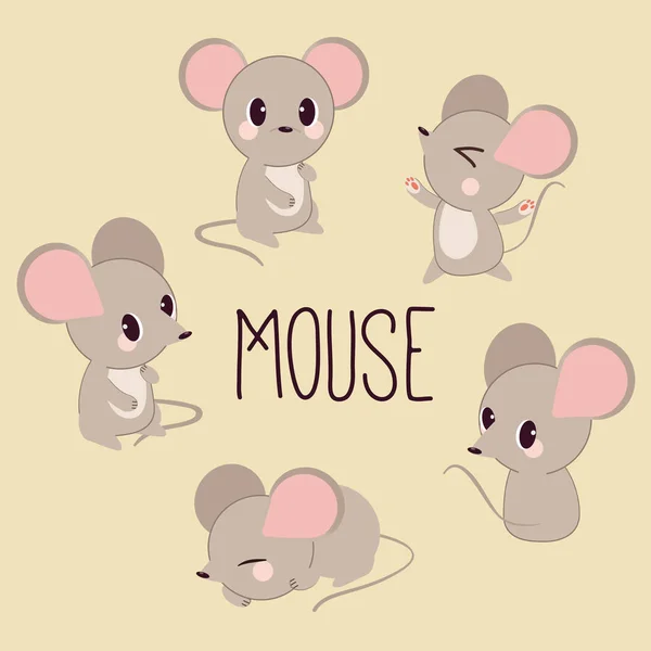 Der Charakter der niedlichen Maus in vielen Action-Posen. der Buchstabe o — Stockvektor
