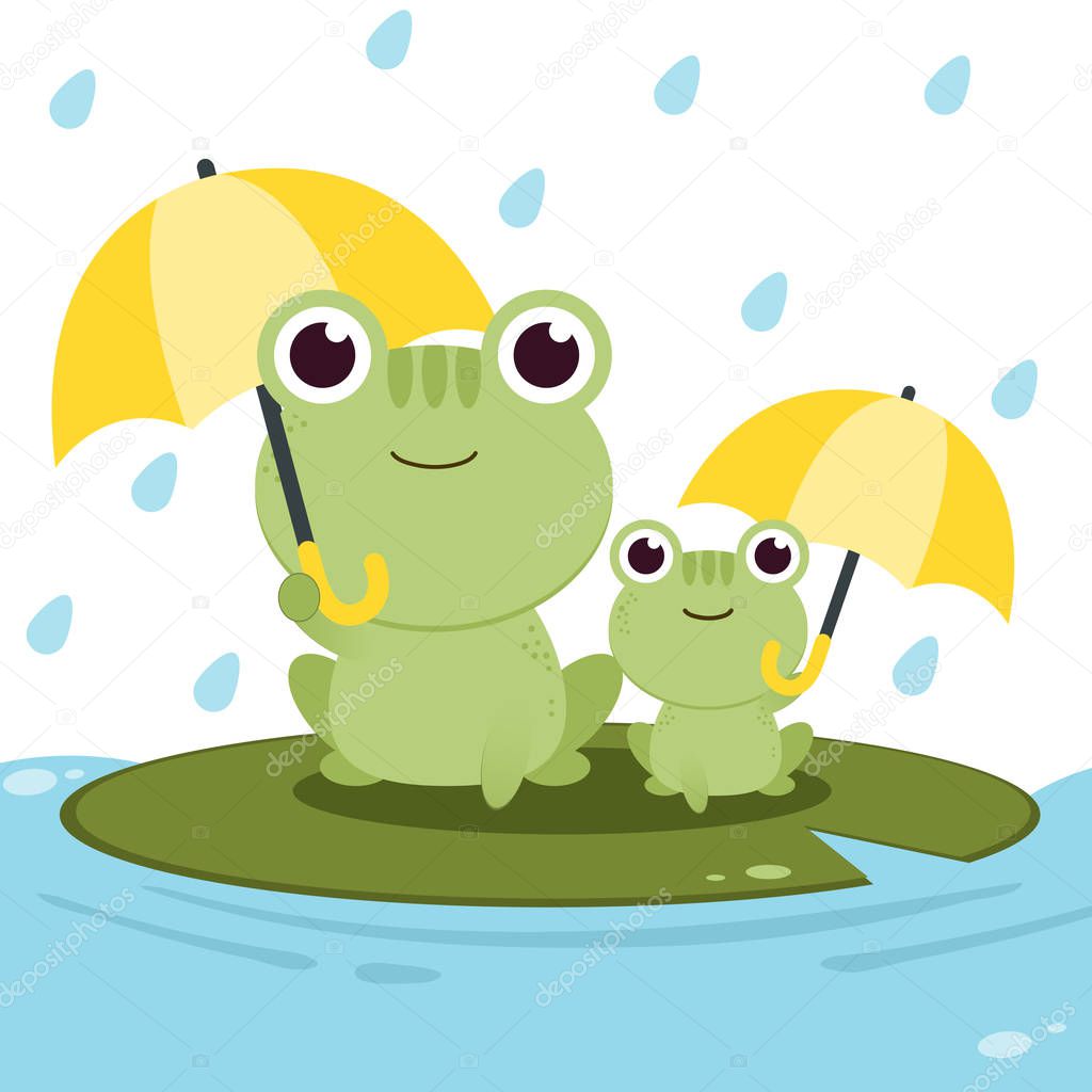 The character of frog holding an umbrella in the rain backgroung