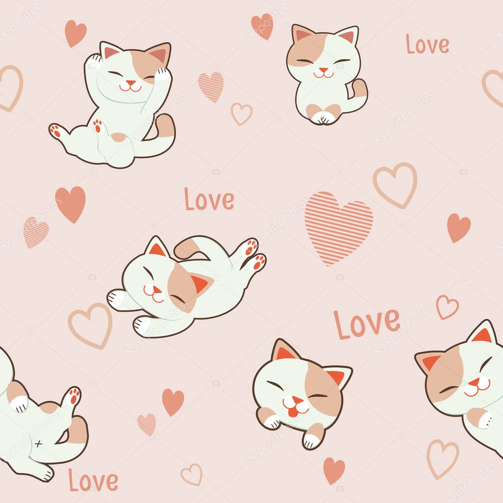 The seamless pattern background of character cute cat with heart. The pattern pink heart and text love. The seamless pattern happy cute cat. The character of cute cat in flat vector style.