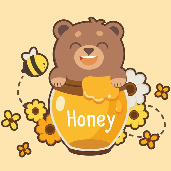 かわいい茶色のテディベアのキャラクターは、笑顔で大きな蜂蜜瓶に座っています — ストックベクタ