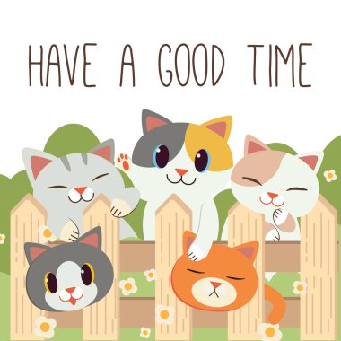 Sevimli kedi arkadaş grubu ahşap bir çit garps. Ahşap f