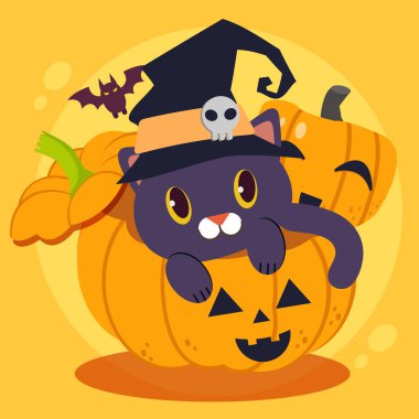 Sevimli siyah kedi karakteri şapka üzerinde kafatası var büyük bir wicth şapka giymek