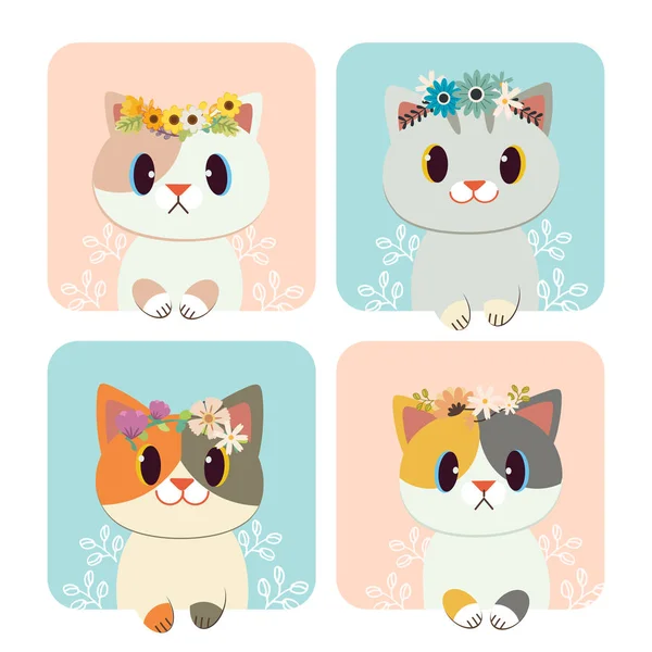 Die Gruppe der süßen Katze trägt eine Krone aus Blumen. der süße Katzenlook — Stockvektor
