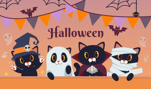Przyjęcie Halloween Dla Grupy Przyjaciół Czarny Kot Nosić Kostium Fantasy — Wektor stockowy