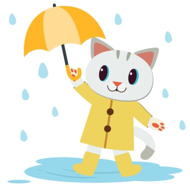 Sevimli kedi karakteri sarı yağmurluk ve çizme giyer ve sarı şemsiye tutar. 